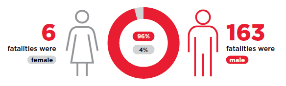 Fatalities by gender graphics - 96% male, 4% female.